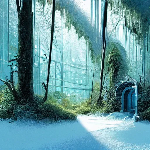 Prompt: frozen derelict portal in a middle of a snowy lush futuristic forest, green lush world seen only through a portal, daylight, cinematic lighting, blue sky, syd mead, john harris