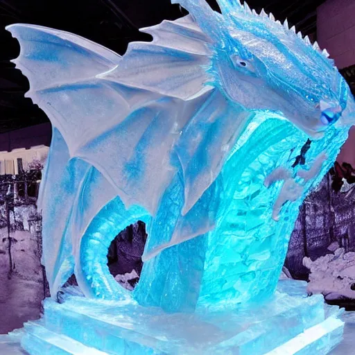 Prompt: a majestic dragon made of ice, crystal - clear ice sculpture, detailed fantasy photography