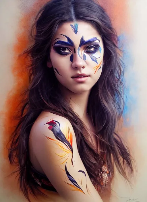 Image similar to full body photo of a gorgeous young woman in the style of stefan kostic, wild face painting, realistic, sharp focus, 8k high definition, insanely detailed, intricate, elegant, art by stanley lau and artgerm