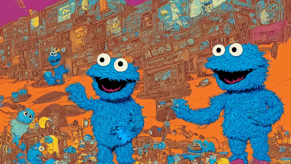 Image similar to highly detailed illustration of cookie monster in the 1 9 7 0 s, by moebius, by oliver vernon, by joseph moncada, by damon soule, by manabu ikeda, by kyle hotz, by dan mumford, by otomo, 4 k resolution