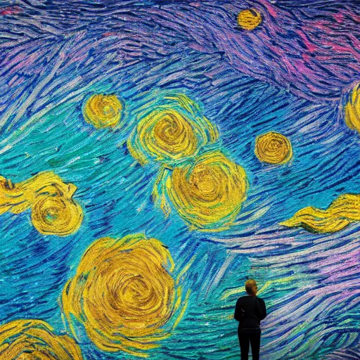 Prompt: A dreaming person sees another far away person above a colourfull van Gogh style field while both person are surrounded by a colourful wind aura around their chests, dream, 40nm lens, shallow depth of field, split lighting, 4k,