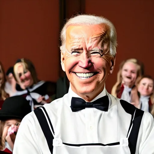 Image similar to joe biden smiling while wearing a maid costume