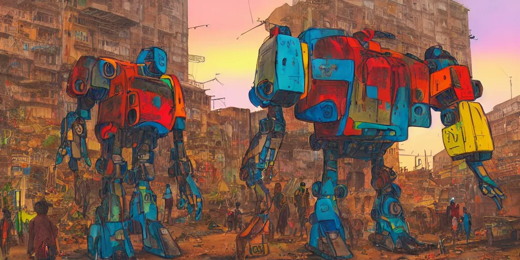 Image similar to colourful - damaged - giant mecha ROBOT of AJEGUNLE SLUMS of Lagos, markings on robot, Golden Hour, in the style of Ghibli,