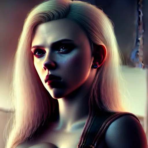Prompt: cute vampire scarlett johansson, ultra realistic, concept art, intricate details, dark vibe, highly detailed, photorealistic, octane render, 8 k, unreal engine,