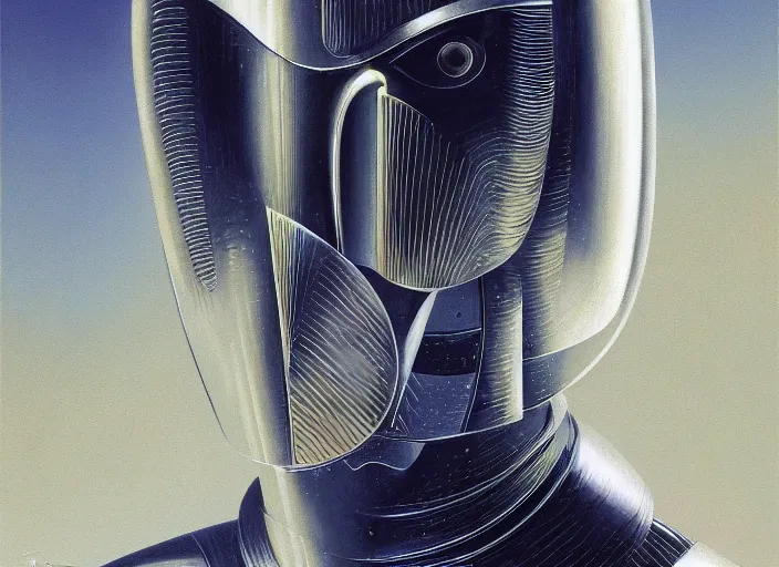 Image similar to a portrait headshot of sci fi metallic human, bright eyes, melancholic complex geometric figure liminal machinery by oskar schlemmer, moebius, john berkey, oil on canvas, portrait facial head, featured on artstation, hd wallpaper