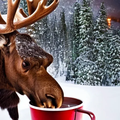 Prompt: A large moose drinking a bathtub full of hot chocolate infront if Santa