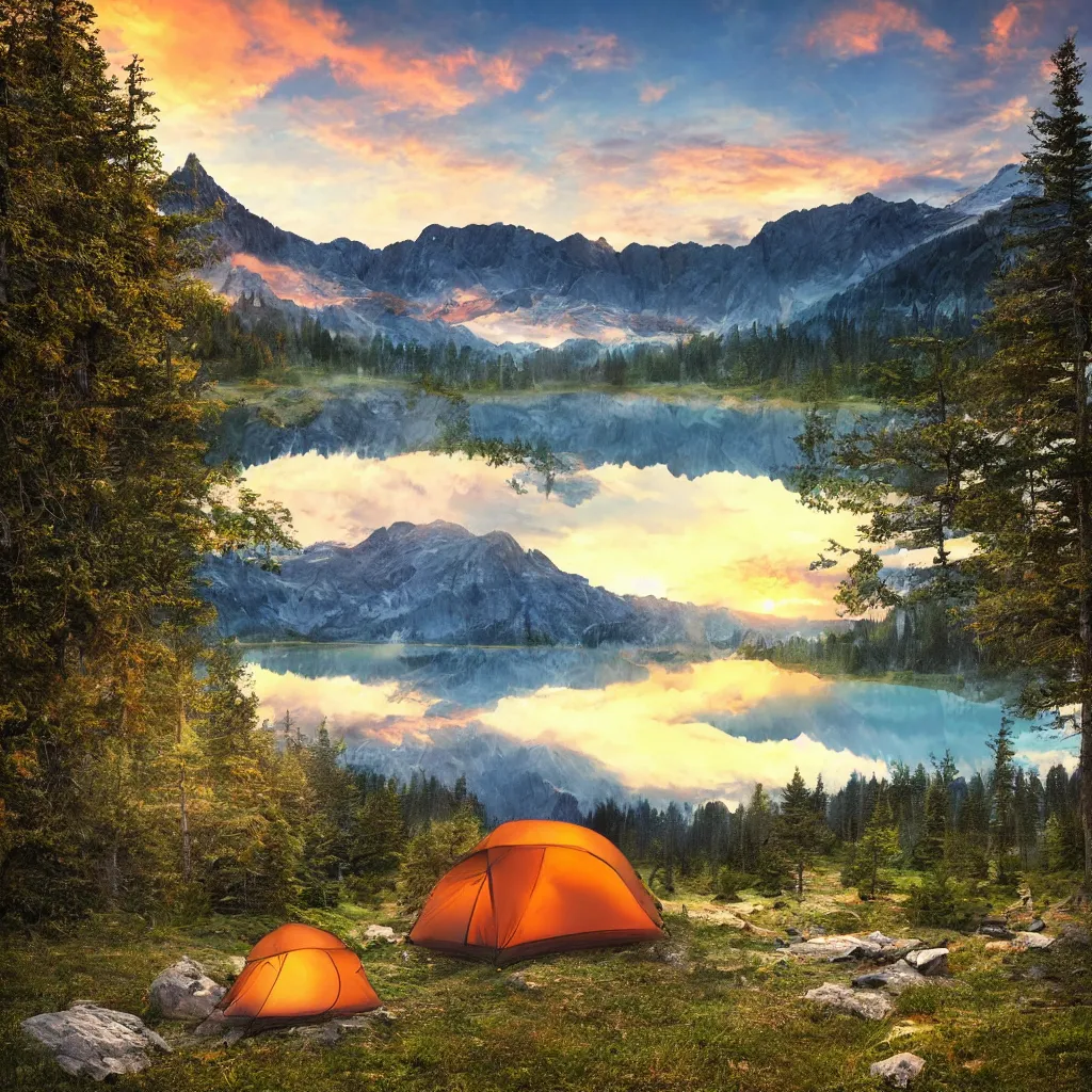 Prompt: Mountain campsite by a lake, sunset, landscape, photorealistic