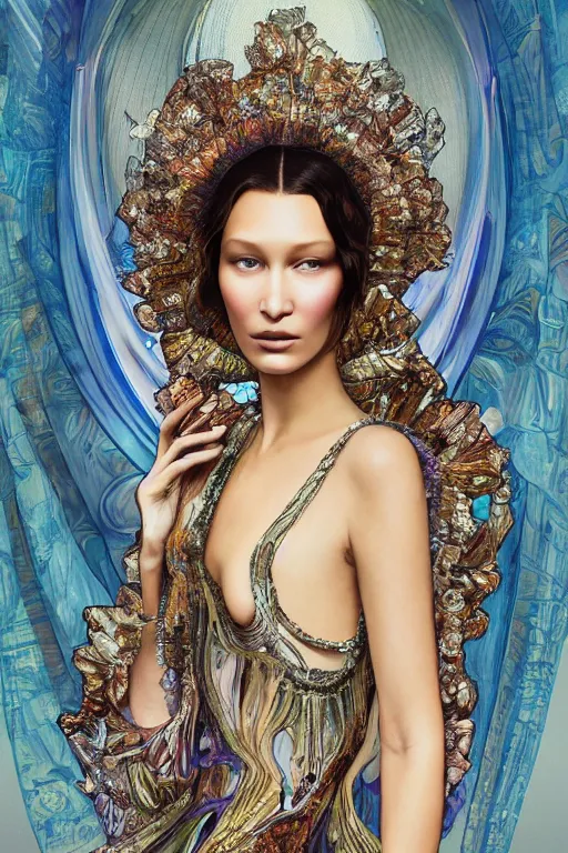 Prompt: a highly detailed painting of a beautiful alien goddess bella hadid in iris van herpen dress schiaparelli in diamonds in style of alphonse mucha art nuvo octane render