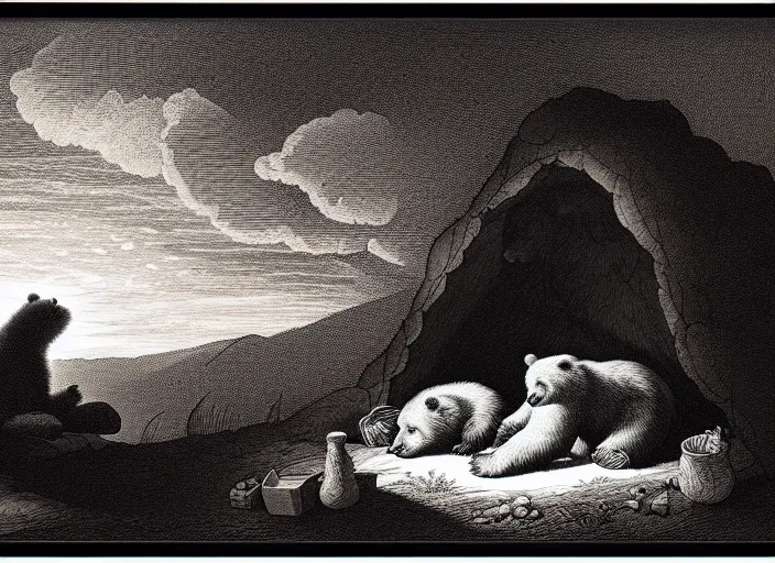 Image similar to Pieter Claesz's 'a bear and her cub sleeping in a dark cave, lit by hole in roof', night time, cross hatching, backlit, beautiful wooden frame, monochrome, colours of the sunset