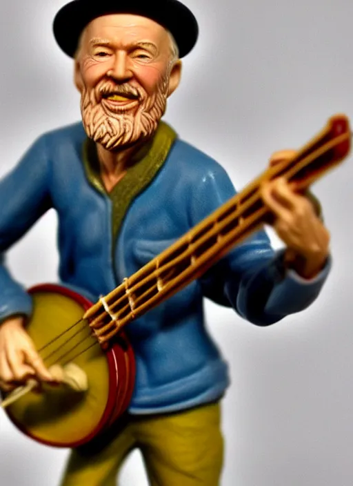 Prompt: 8 0 mm resin detailed miniature of pete seeger wearing a hat and holding his long neck 5 string banjo and singing with his head thrown back, product introduction photos, 4 k, full body,