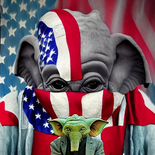 Image similar to elephant yoda patriot potus, modern art placed in a large living room, art designers magazine HD photo superrealism 3d 8k resolution