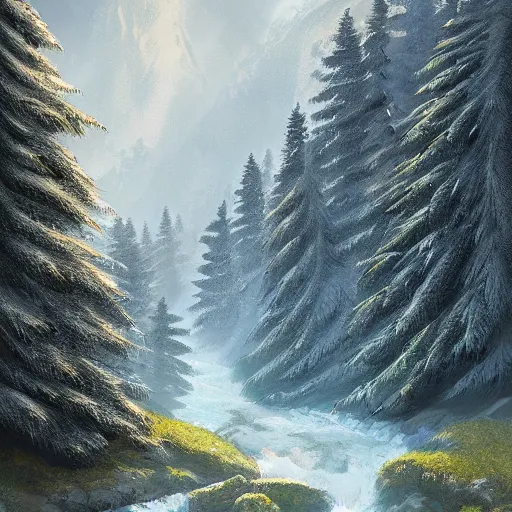 Image similar to mountain valley dotted with pine trees with a stream flowing through it, by joar jakobsson, detailed digital painting, concept art, brushstrokes, elegant, calming, serene, 8 k