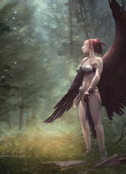 Image similar to a female anthropomorphic eagle warrior. She has two wings on her back. Forest, clearing. Full shot, wings are focus. Atmospheric lighting, By Makoto Shinkai, Stanley Artgerm Lau, WLOP, Rossdraws, James Jean, Andrei Riabovitchev, Marc Simonetti, krenz cushart, Sakimichan, D&D trending on ArtStation, digital art.