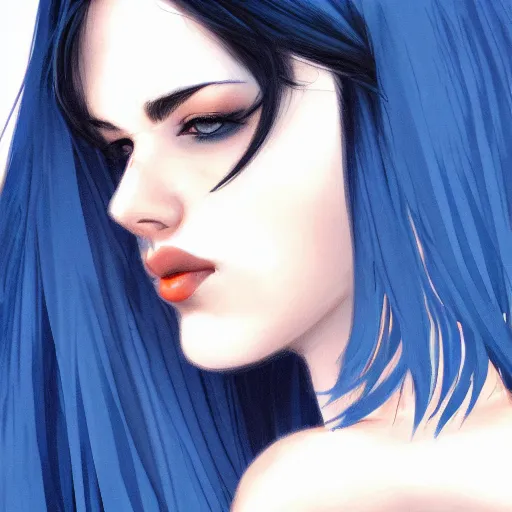 Image similar to a stunning upper body portrait of a beautiful woman with raven hair with a blue tint blowing in the wind by marvel comics, digital art, trending on artstation