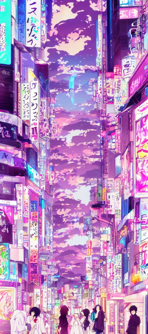 Image similar to beautiful anime! style vaporware tokyo japan, kawaii anime manga style, pink purple, illustration, minimal, neon pastel, akihabara