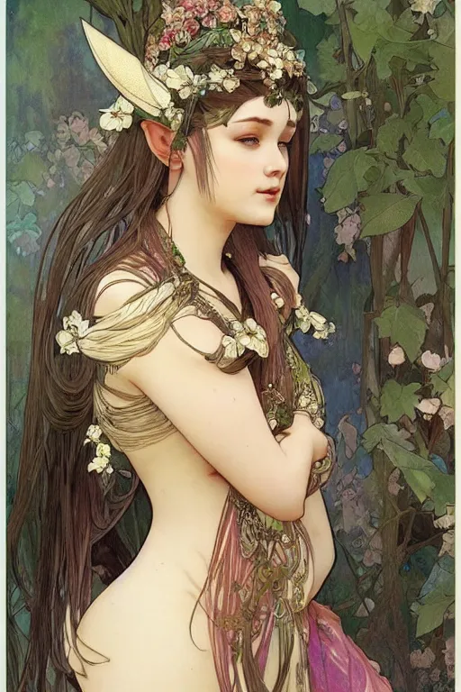 Image similar to beautiful female elf royalty, digital art, 8k, character, realistic, portrait, photorealism, japan watercolour, masterpiece art, alphonse mucha