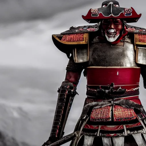 Prompt: a film still of a samurai with armor made of long thin bones, the armor is white and red with gold accents, thin details, meat, bones