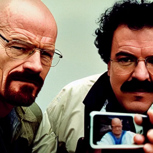 Image similar to walter white taking a selfie with pablo escobar, hd 4 k photo