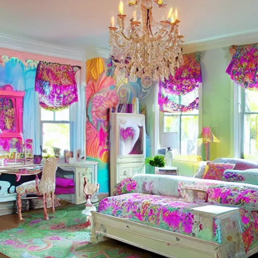 Image similar to a cozy bedroom decorated by Lisa Frank, detailed, high resolution, wow!, intricate