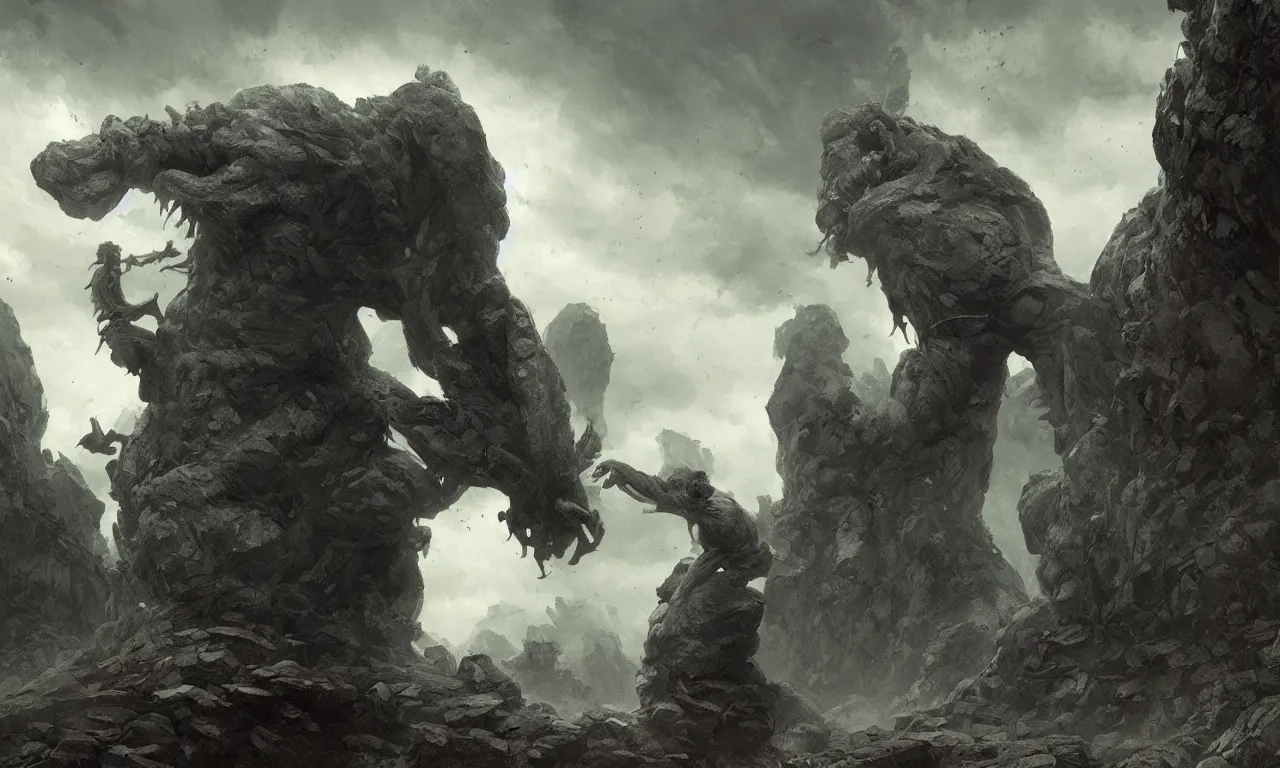 Image similar to angry stone giant. tooth wu, edward gorey, greg rutkowski, andreas achenbach, artgerm, mikko lagerstedt, zack snyder, tokujin yoshioka