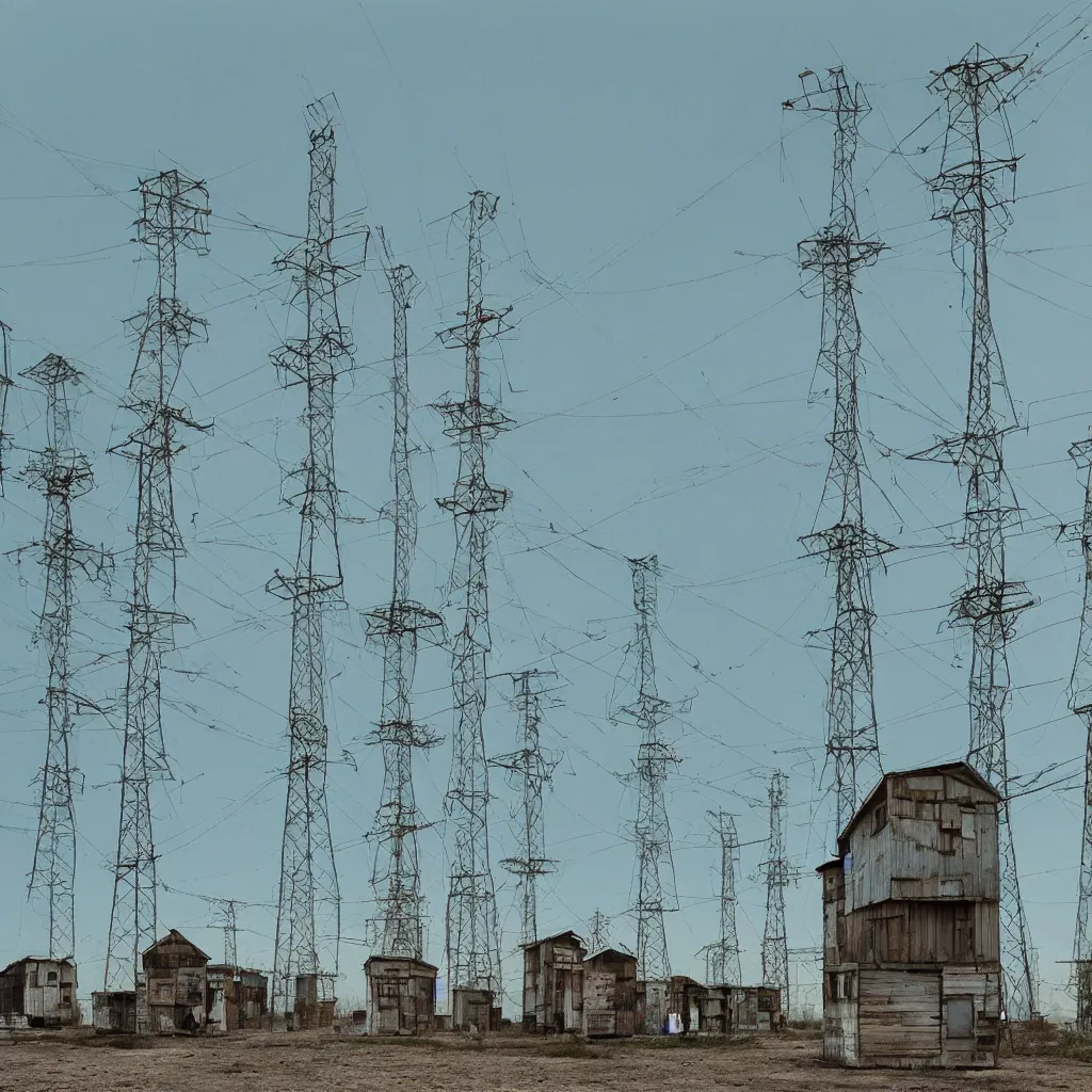 Image similar to close - up towers made up of makeshift squatter shacks with faded colours, plain uniform light blue sky, dystopia, mamiya, very detailed, ultra sharp, photographed by john chiara