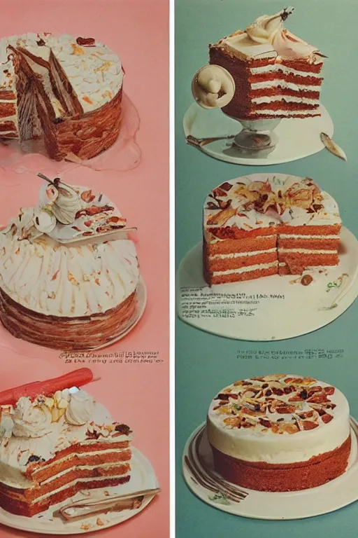 Prompt: realistic photographs of cakes from a 1 9 8 0 s dessert cookbook, highly detailed,