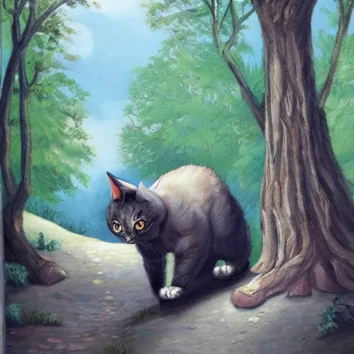 Prompt: a giant cat walking towards a castle in the forest, oil painting