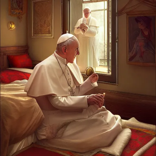 Image similar to photography of a pope making touching a sensual woman in a bedroom, deep focus, intricate, elegant, highly detailed, digital painting, artstation, concept art, matte, sharp focus, illustration, art by artgerm and greg rutkowski and alphonse mucha