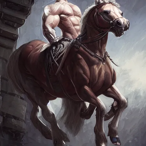 Prompt: a herculean anthropomorphized horse with a magnificently muscular physique wearing a tight leather armor while protecting a facility, long white mane, equine, anthro art, furaffinity, highly detailed, digital painting, artstation, sharp focus, concept art, illustration, art by artgerm, greg rutkowski, wlop