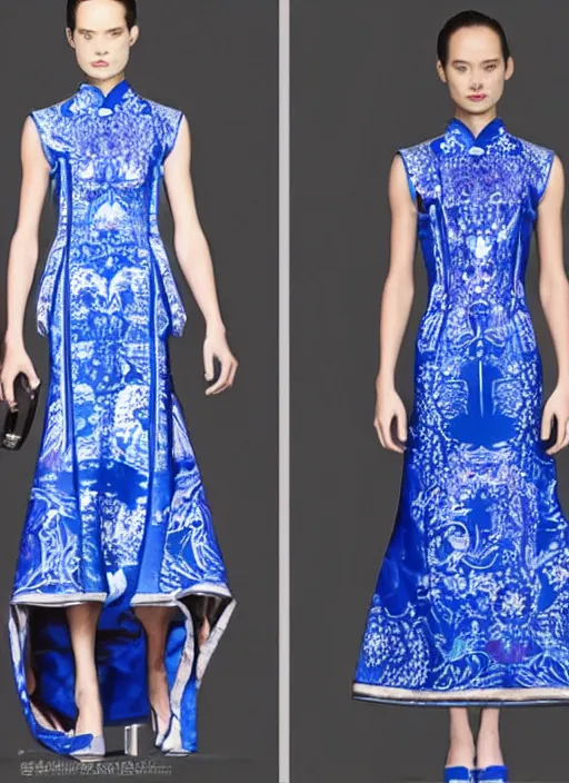 Prompt: blue qipao dress, dress design by alexander mcqueen