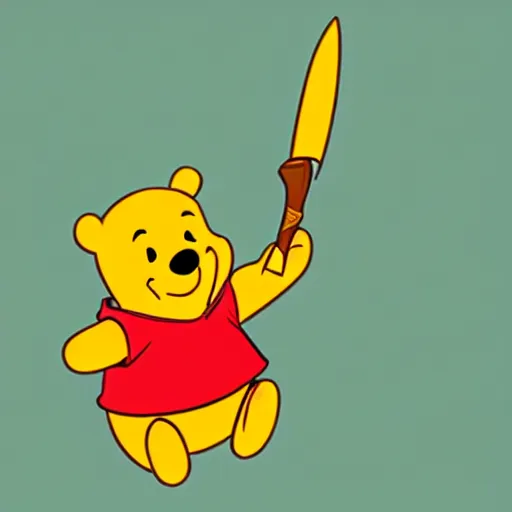 Image similar to winnie the pooh holding a bloody knife, in the style of winnie the pooh cartoon