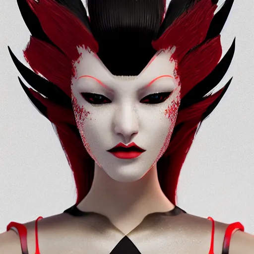 Prompt: kitsune woman fancy haircut, full body, intrincate,unreal engine octane, red and white, glitter, depth of field, 8k, hyper detailed, trending on artstation