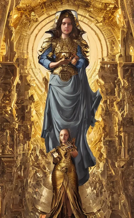 Prompt: mural of a young cyborg woman, beautiful royal gown, golden detailing, sci fi weapon, reaching towards the heavens, sci fi world, highly detailed holy imagery, renaissance mural, mural in the style of sandro boticceli