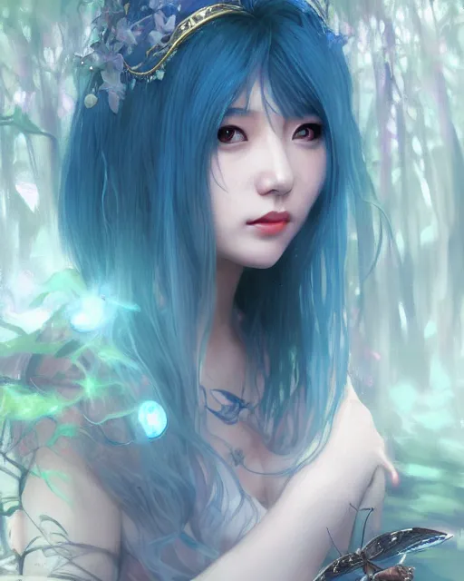 Prompt: stunningly beautiful female blue hair, cute korean actress, dj sura, fantasy art, fae priestess, lush dark forest landscape, fireflys at night, sharp focus, digital painting, 8 k, concept art, art by wlop, artgerm, greg rutkowski and alphonse mucha