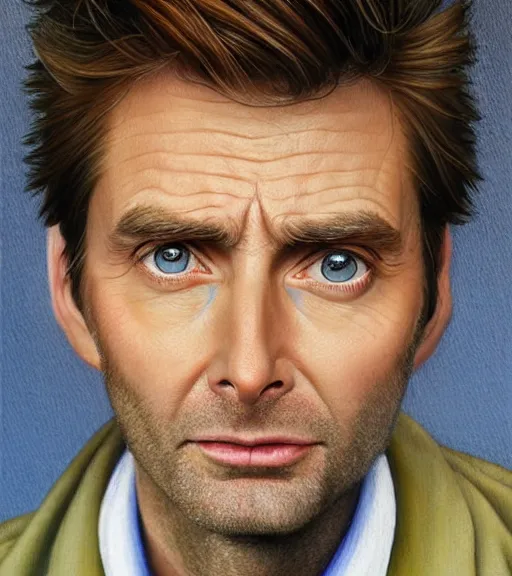 Prompt: portrait of david tennant as a golfer, white cap, beige and blue overstich, very detailed eyes, hyperrealistic, very detailed painting by Glenn Fabry, by Joao_Ruas