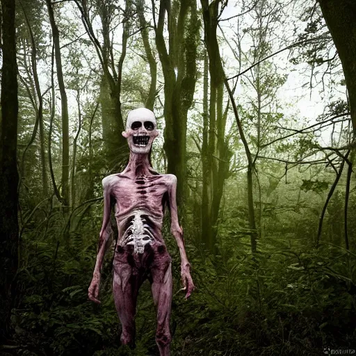 Prompt: horror, photography, pale, rotten figure, bony, grinning, walking through undergrowth in a dense forest in daytime, wide eyes