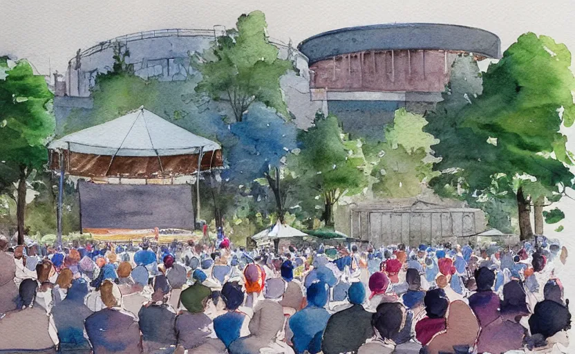 Image similar to concept art of an concert amphitheatre in downtown charlottesville virginia, complex, pinterest, artstation trending, behance, watercolor, by coby whitmore, silver, laser light,