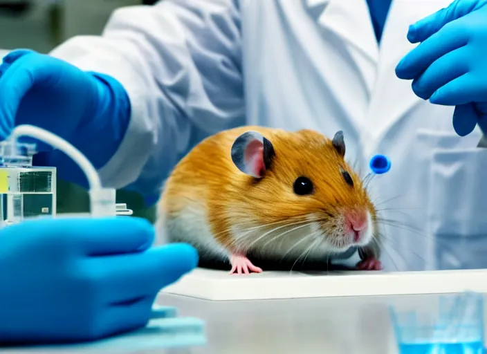 Image similar to film still of a hamster working in a research lab finding the cure for cancer, 8 k