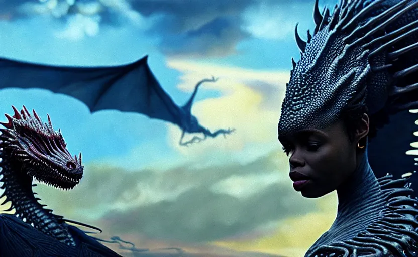 Image similar to realistic detailed photorealistic film close up portrait shot of a beautiful black woman with, sci-fi landscape with a drogon on background by Denis Villeneuve, Amano, Yves Tanguy, Alphonse Mucha, Ernst Haeckel, Andrei Tarkovsky, Edward Robert Hughes, Roger Dean, rich moody colours, wide angle, blue eyes