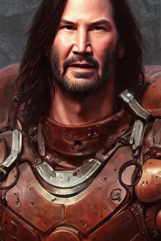 Prompt: ultra realistic illustration,, a hulking herculean keanu reeves with leather armour, from doom and warhammer, intricate, elegant, highly detailed, digital painting, artstation, concept art, smooth, sharp focus, illustration, art by artgerm and greg rutkowski and alphonse mucha