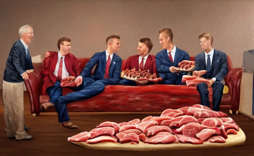 Image similar to realistic painting of couch made out of meat, business men sitting on couch made out of meat and talking, meat couch, meat couch,