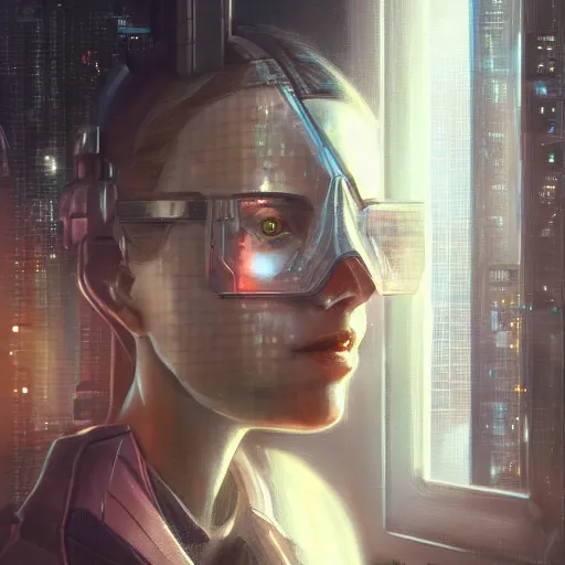 Image similar to portrait of cyberpunk woman looking out of a window, cyberpunk setting, futuristic, highly detailed, intricate lighting, digital painting, sharp focus, illustration, trending on artstation, art by krenz cushart.