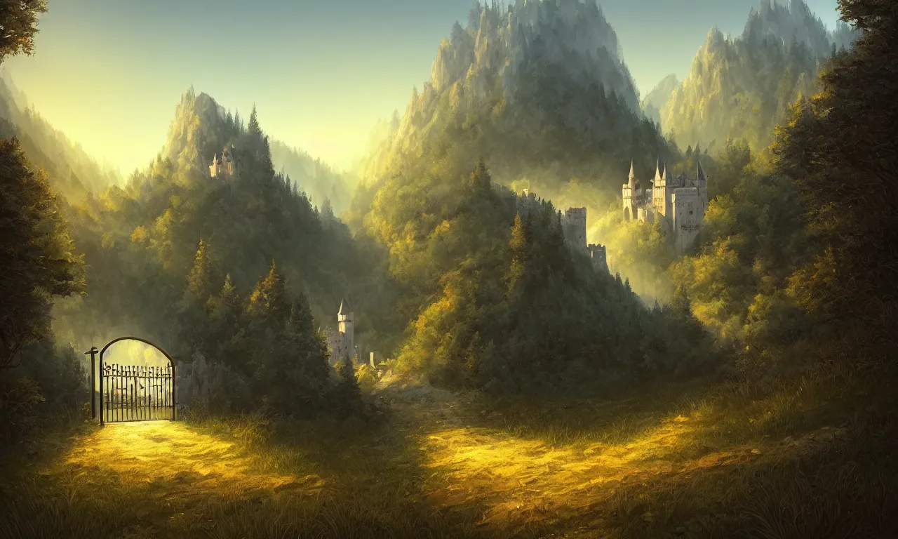 Prompt: digital painting of a small castle town closed off by large metal gate, border, behind a forest, large mountains in back, vector art, low angle, high detail, warm lighting, volumetric, godrays, vivid, beautiful, trending on artstation, by Jordan grimmer, no focus, huge scene, grass