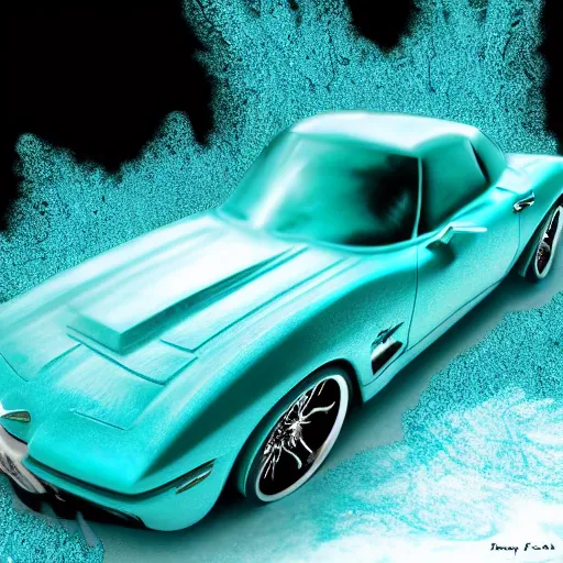 Image similar to deep turquoise color ice carved into the shape of a corvette, beauty shot, digital art, ultrareailstic