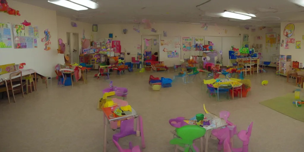 Image similar to childrens daycare indoors limital space, not well litt, creepy photo