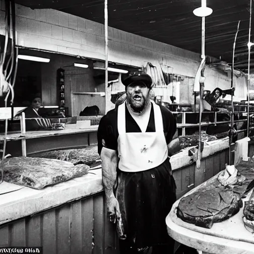 Image similar to big butcher man posing scarily, earie setting, in a butcher shop, horror, hyperdetailed