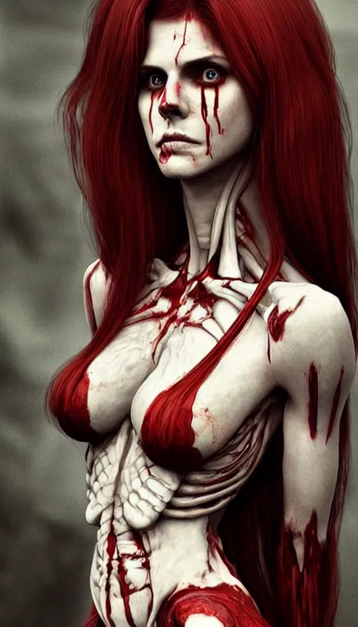 Image similar to woman skeleton body!!, black bones!!, covered with blood, alexandra daddario face!!, long red hair, ultra realistic, concept art, intricate details, highly detailed, photorealistic, octane render, 8 k, unreal engine. retro film still, heavy grain, 3 5 mm, art by artgerm and greg rutkowski and alphonse mucha