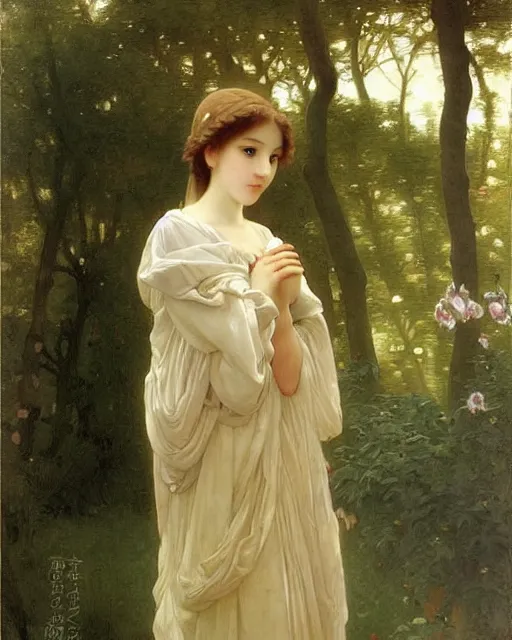 Prompt: beautiful anime style girl, she is standing in the middle of a palace, realistic painting, by Edgar Maxence and William-Adolphe Bouguereau