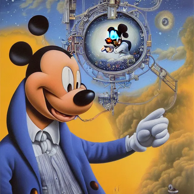 Image similar to an oil on canvas portrait painting of mickey mouse, surrealism, surrealist, cosmic horror, rob gonsalves, high detail