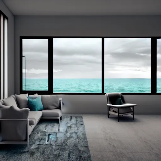 Prompt: brutalist open living room, big windows, showing storm ocean landscape on background, minimalist architecture, minimalist furniture, octane render, high quality, 8 k, post production